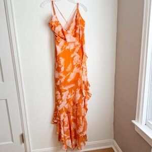 Orange Watercolor Chiffon Maxi Dress with Ruffles, Side Slit, Lace Up Tie @ Back
